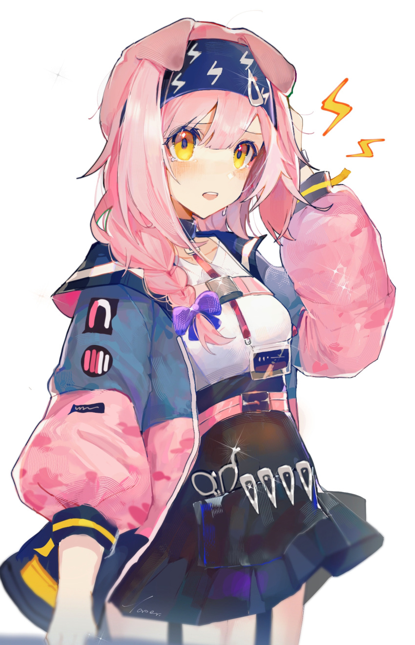 1girl animal_ears arknights bangs belt black_hairband black_skirt blush bow braid cat_ears commentary cowboy_shot garter_straps goldenglow_(arknights) hair_between_eyes hair_bow hairband highres jacket long_hair long_sleeves looking_at_viewer miniskirt open_clothes open_jacket open_mouth pink_belt pink_hair purple_bow shirt simple_background single_braid skirt solo standing symbol-only_commentary taoer. tears white_background white_shirt yellow_eyes