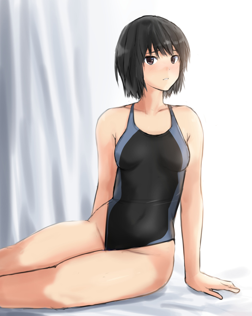 1girl amagami arm_support bed black_hair black_swimsuit bob_cut breasts brown_eyes collarbone competition_swimsuit curtains feet_out_of_frame highleg highleg_swimsuit highres looking_at_viewer nanasaki_ai one-piece_swimsuit short_hair sitting small_breasts solo swimsuit ykh1028 yokozuwari