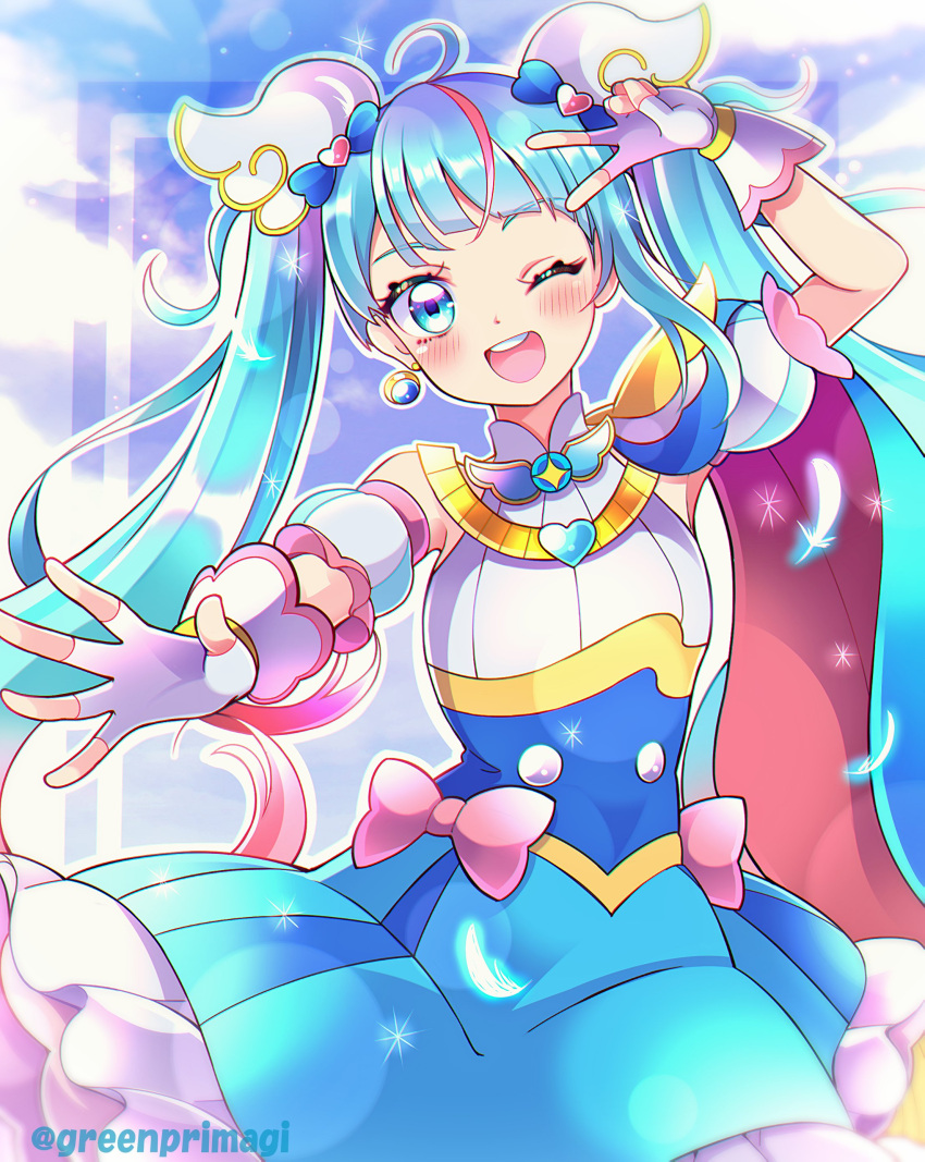 1girl ;d absurdres ahoge blue_eyes blue_hair blush brooch cape cure_sky detached_sleeves earrings fingerless_gloves gloves greenprimagi highres hirogaru_sky!_precure jewelry long_hair magical_girl one_eye_closed open_mouth precure puffy_detached_sleeves puffy_sleeves single_sidelock smile solo sora_harewataru two-sided_cape two-sided_fabric v very_long_hair white_gloves wing_brooch wing_hair_ornament