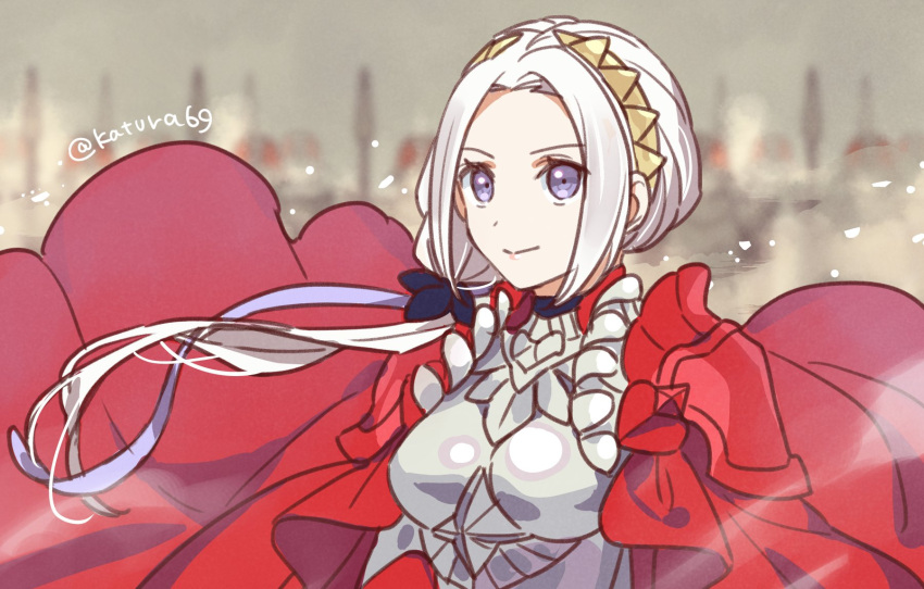 1girl alternate_costume alternate_hairstyle armor breastplate cape edelgard_von_hresvelg fire_emblem fire_emblem:_three_houses fire_emblem_warriors fire_emblem_warriors:_three_hopes gloves hair_ornament hair_ribbon highres juria0801 long_hair looking_at_viewer official_alternate_costume official_alternate_hairstyle red_cape ribbon violet_eyes white_hair