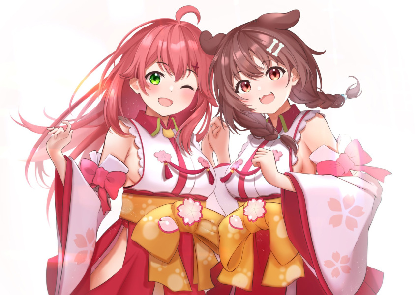 2girls :d ;d ahoge animal_ears bangs blush bone_hair_ornament braid breasts brown_eyes brown_hair collared_shirt commentary_request cosplay detached_sleeves dog_ears extra_ears eyebrows_visible_through_hair fangs floating_hair floral_print green_eyes hair_ornament highres holding_hands hololive inugami_korone long_hair long_sleeves looking_at_viewer medium_breasts multiple_girls one_eye_closed paw_print pink_hair red_skirt sakura_miko sakura_miko_(cosplay) sash shirt sideboob skirt sleeveless sleeveless_shirt smile takumin_dx twin_braids virtual_youtuber white_shirt yellow_sash