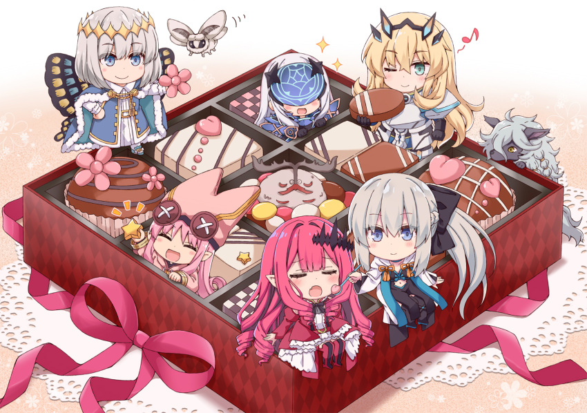 1boy 5girls armor blush box box_of_chocolates bug butterfly_wings cape cernunnos_(fate) chocolate closed_eyes commentary cupcake fairy_knight_gawain_(fate) fairy_knight_lancelot_(fate) fairy_knight_tristan_(fate) fate/grand_order fate_(series) food habetrot_(fate) highres in_box in_container morgan_le_fay_(fate) moth multiple_girls musical_note oberon_(fate) one_eye_closed open_mouth pointy_ears ribbon rioshi smile wings woodwose_(fate)