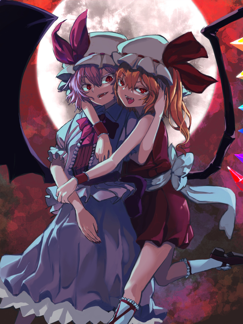 2girls :d absurdres arm_around_neck bat_wings blonde_hair bow bowtie brooch collared_shirt commentary crystal eyebrows_visible_through_hair fangs feet_out_of_frame flandre_scarlet frilled_shirt frilled_skirt frilled_sleeves frills full_moon grey_shirt grey_skirt hair_between_eyes hand_on_another's_head hat hat_ribbon high_heels highres holding_another's_arm hug hug_from_behind jewelry kaden_(muxt8423) leg_up looking_at_another looking_at_viewer medium_hair mob_cap moon multiple_girls one_side_up open_mouth parted_lips puffy_short_sleeves puffy_sleeves purple_hair red_bow red_bowtie red_eyes red_footwear red_ribbon red_shirt red_skirt remilia_scarlet ribbon ribbon-trimmed_headwear ribbon_trim shirt short_hair short_sleeves siblings side_ponytail sisters skirt skirt_set sleeveless sleeveless_shirt slit_pupils smile socks teeth tongue tongue_out touhou v-shaped_eyebrows waist_bow white_bow white_headwear white_legwear wings wrist_cuffs