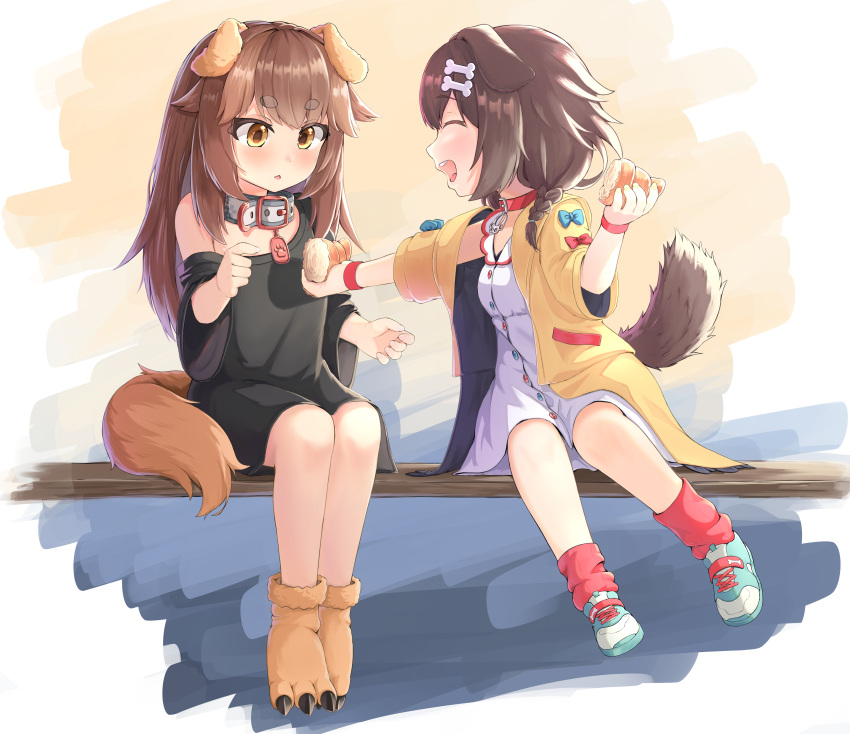 2girls absurdres animal_ears black_shirt blue_footwear blush bone_hair_ornament braid bread brown_eyes brown_footwear brown_hair cartoon_bone character_request closed_eyes coat dog_ears dog_girl dog_tail dress eyebrows eyebrows_visible_through_hair food hair_ornament hairclip highres hololive inugami_korone long_hair looking_at_another low_twin_braids multiple_girls nabe-san no_pants off_shoulder open_mouth paw_shoes sharing_food shirt shoes sitting smile socks solo tail twin_braids twintails virtual_youtuber white_dress yellow_coat