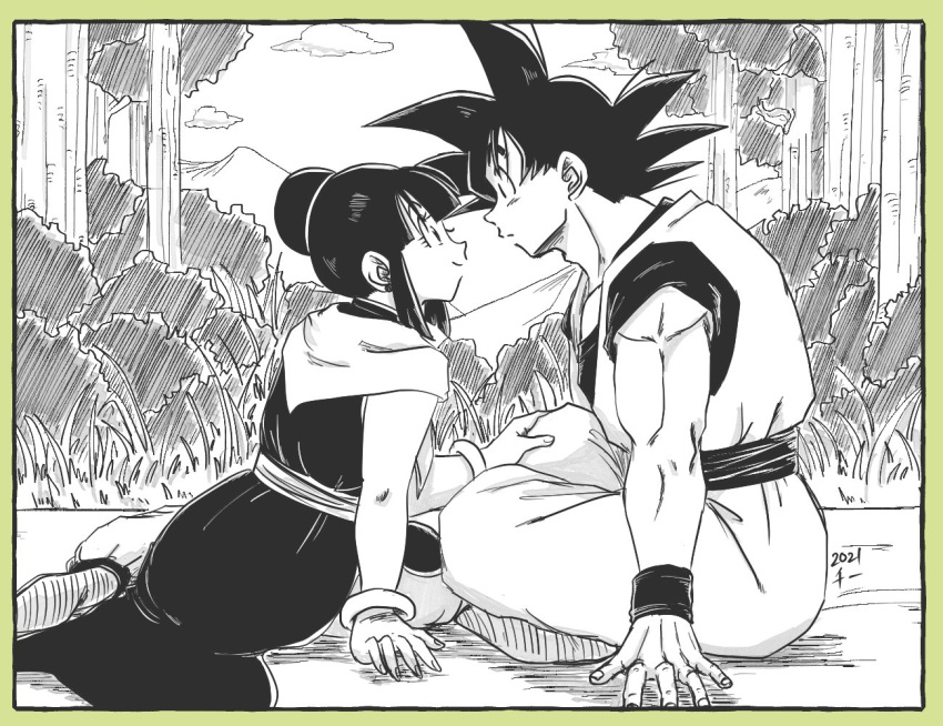 1boy 1girl arm_support bangs bare_arms black_dress black_eyes black_hair blunt_bangs border bracelet bush chi-chi_(dragon_ball) chi_(cmon_57) closed_mouth clouds cloudy_sky couple crossed_legs dougi dragon_ball dragon_ball_z dress expressionless eye_contact eyelashes face-to-face fingernails forest grass green_border greyscale hair_bun hand_on_another's_knee hetero jewelry looking_at_another monochrome mountain muscular muscular_male nature neckerchief obi on_ground outdoors profile sash shoe_soles side-by-side side_slit sidelocks sitting sky smile son_goku spiky_hair tree wristband