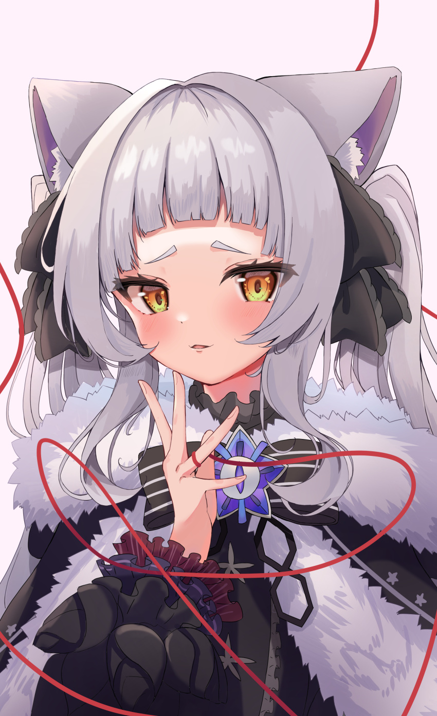 1girl absurdres animal_ear_fluff animal_ears bangs black_bow black_bowtie black_ribbon blush bow bowtie cat_ears frilled_sleeves frills fur_trim hair_ribbon hand_up highres hololive long_hair long_sleeves looking_at_viewer maikro murasaki_shion orange_eyes parted_lips ribbon short_eyebrows silver_hair simple_background solo string string_of_fate twintails upper_body virtual_youtuber white_background