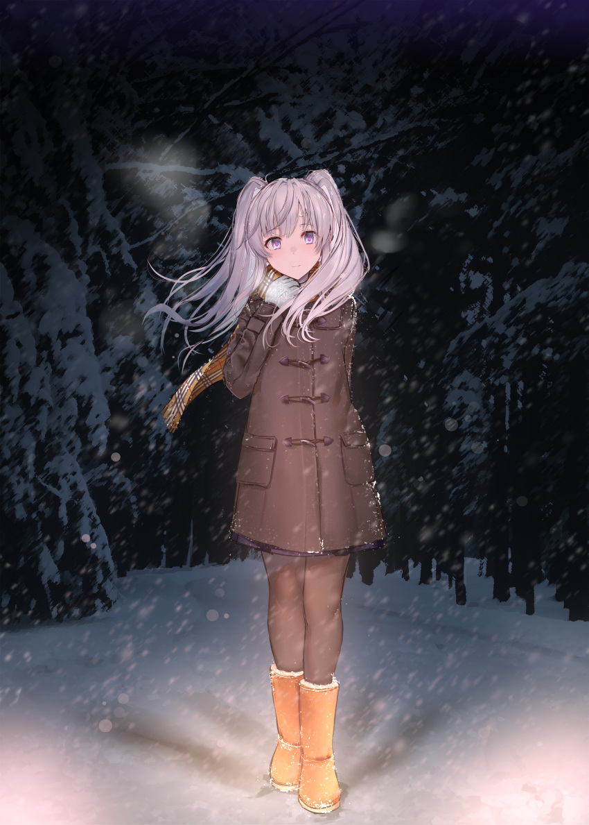 1girl absurdres bangs black_coat blush boots brown_legwear closed_mouth coat duffel_coat eyebrows_visible_through_hair full_body fur_trim gloves highres idolmaster idolmaster_shiny_colors interstellar jewelry long_hair long_sleeves looking_at_viewer night outdoors pantyhose pink_hair silver_hair snow snowing solo standing tree twintails two_side_up violet_eyes winter winter_clothes yuukoku_kiriko
