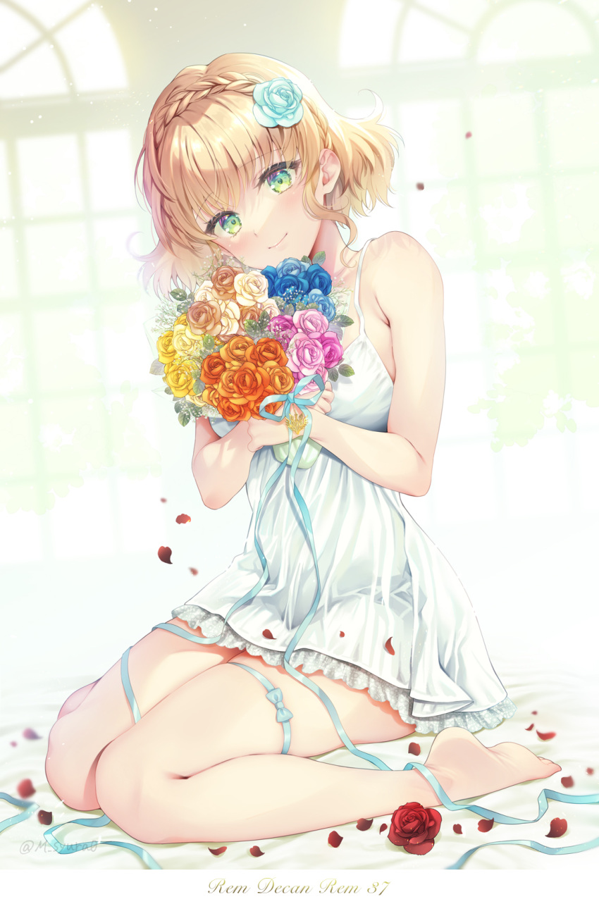 1girl bangs bare_legs bare_shoulders barefoot blonde_hair blue_flower blue_ribbon blue_rose blurry blurry_background bouquet braid closed_mouth commentary crossed_bangs english_text eyebrows_visible_through_hair feet flower french_braid frilled_skirt frills full_body green_eyes hair_between_eyes hair_flower hair_ornament hands_on_own_chest head_tilt highres holding holding_flower looking_at_viewer natalia_luzu_kimlasca_lanvaldear orange_flower orange_rose pink_flower pink_rose ribbon rose seiza short_hair shuragyoku_mami sidelocks sitting skirt smile solo tales_of_(series) tales_of_the_abyss yellow_flower yellow_rose