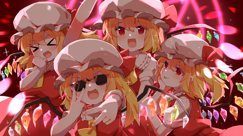 &gt;_&lt; 4girls absurdres arm_up ascot bangs blonde_hair blush breasts brown_background closed_eyes closed_mouth collared_shirt commentary_request crystal danmaku double_v dress eyebrows_visible_through_hair eyes_visible_through_hair fang fangs flandre_scarlet four_of_a_kind_(touhou) glasses grey_headwear grey_shirt hair_between_eyes hand_on_own_face hands_up hat hat_ribbon highres jewelry looking_at_viewer looking_to_the_side medium_breasts mob_cap multicolored_wings multiple_girls nagai_riku one_side_up open_mouth puffy_short_sleeves puffy_sleeves red_dress red_eyes red_ribbon red_theme ribbon shirt short_hair short_sleeves smile sparkle star_(symbol) sunglasses tongue tongue_out touhou v wings yellow_ascot