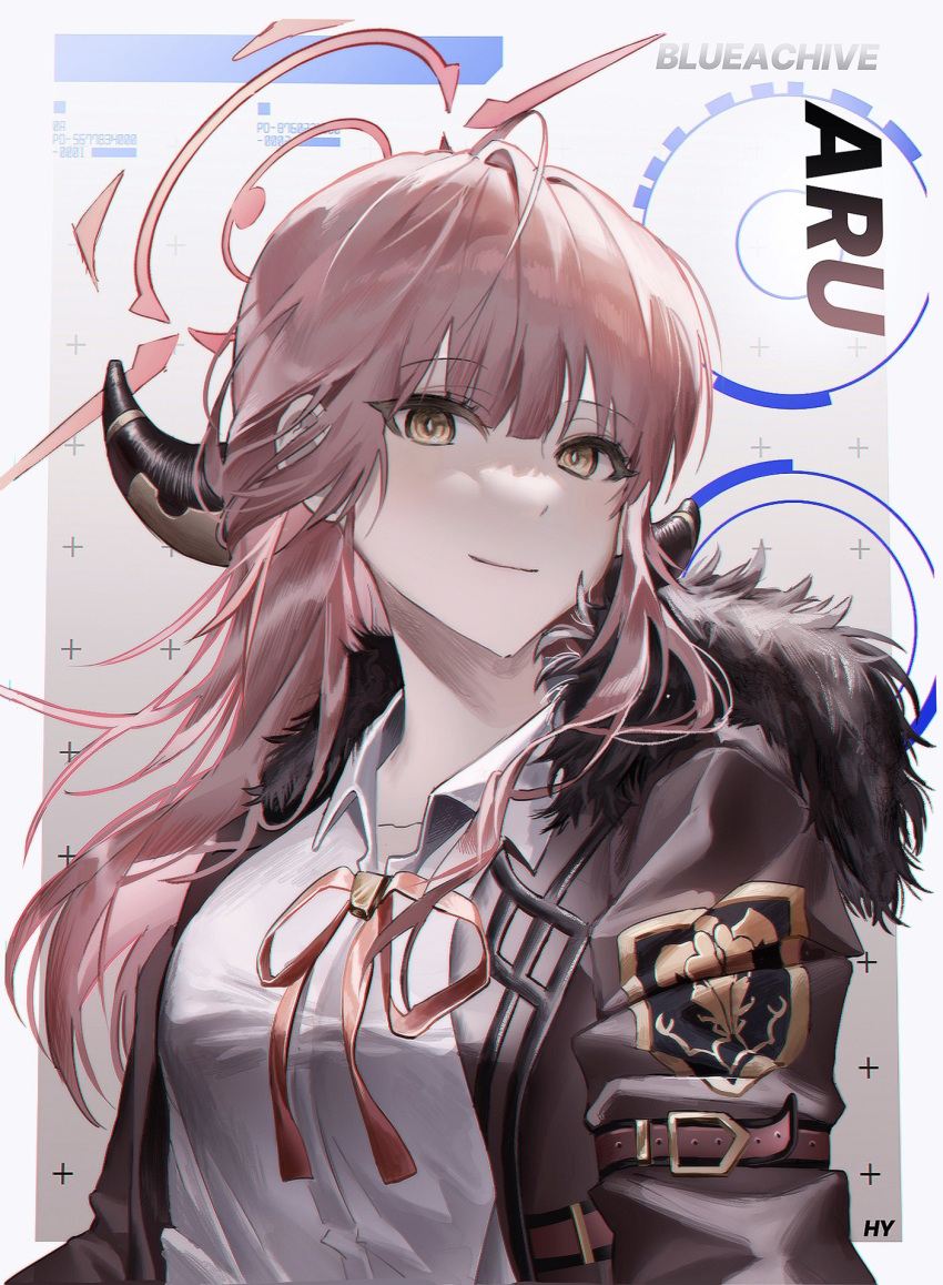 1girl arm_belt artist_name aru_(blue_archive) bangs blue_archive blunt_bangs border character_name collared_shirt demon_horns eyebrows_visible_through_hair fur-trimmed_jacket fur_trim gradient gradient_background halo highres horns hy_(hem_oo) jacket light_brown_background looking_at_viewer neck_ribbon open_collar pink_hair red_ribbon ribbon shirt smile solo upper_body white_shirt yellow_eyes