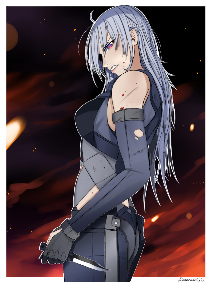 1girl ak-15_(girls'_frontline) angry artist_name bangs black_gloves braid darkpulsegg eyebrows_visible_through_hair feet_out_of_frame french_braid girls_frontline gloves highres holding holding_knife knife lips long_hair looking_to_the_side open_mouth silver_hair simple_background solo standing tactical_clothes teeth violet_eyes