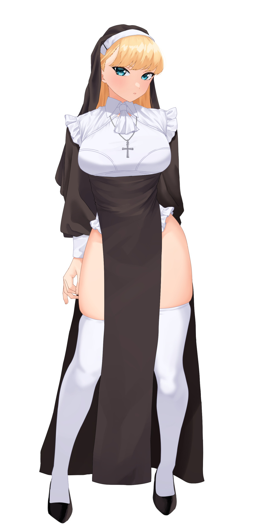1girl absurdres amane_a_(007_uiro) black_footwear blonde_hair blue_eyes breasts cross cross_necklace frills full_body highres jewelry long_hair looking_at_viewer necklace nun original simple_background skindentation solo thigh-highs veil white_background white_legwear