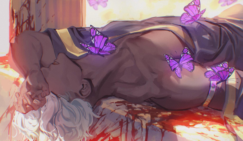 1boy blood bug butterfly collarbone commentary dark_skin day english_commentary hand_on_own_forehead highres lying male_focus o3tofu on_back open_mouth pillar short_hair sideways solo sunlight upper_body white_hair