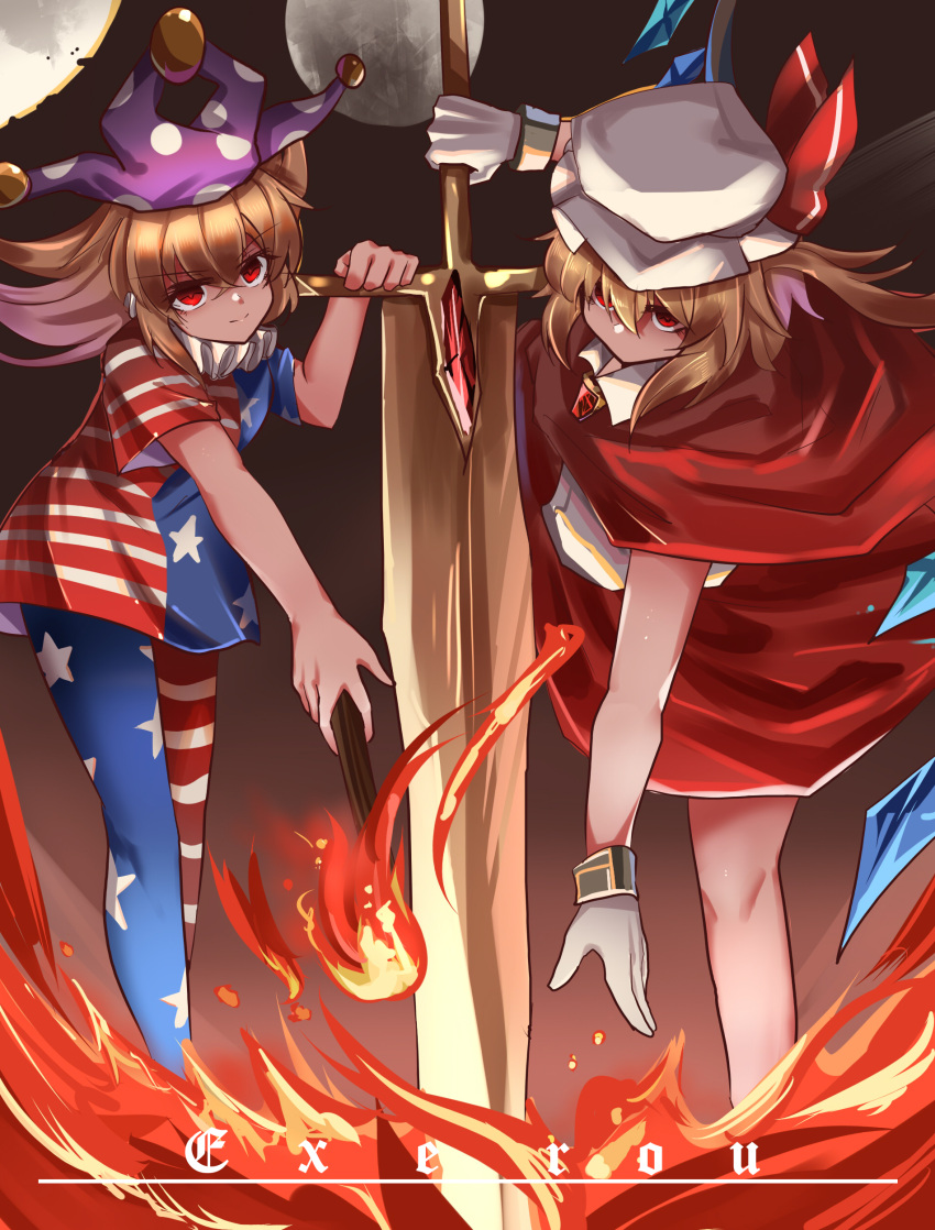 2girls absurdres american_flag_pants american_flag_shirt arm_up arms_up artist_name bangs blue_pants blue_shirt breasts brown_background brown_hair cape closed_mouth clownpiece collared_shirt crystal english_commentary eyebrows_visible_through_hair eyes_visible_through_hair fire flandre_scarlet gem gloves gradient gradient_background grey_background grey_gloves grey_headwear hair_between_eyes hand_up hands_up hat hat_ribbon highres holding holding_torch jester_cap jewelry leg_up light_brown_hair long_hair looking_at_viewer medium_breasts mob_cap moon multicolored_clothes multicolored_pants multicolored_shirt multiple_girls neck_ruff no_mouth no_wings one_side_up pants polka_dot purple_headwear red_cape red_eyes red_pants red_ribbon red_shirt red_skirt ribbon shirt short_hair short_sleeves skirt smile standing standing_on_one_leg star_(symbol) star_print striped striped_pants striped_shirt sword top-exerou torch touhou weapon white_pants white_shirt wings wristband