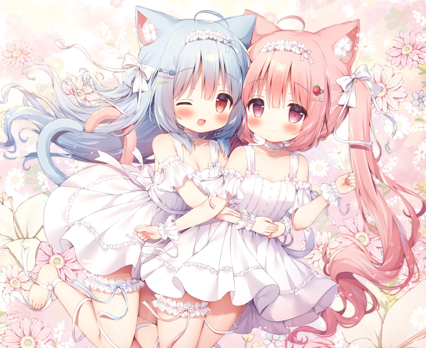 2girls ahoge animal_ear_fluff animal_ears ankle_ribbon barefoot blue_hair blush bow cat_ears cat_girl cat_tail dress face-to-face feet floral_background garters hair_bow hair_ornament hairband hairclip heart heart_tail heart_tail_duo highres hug hug_from_behind leg_up lolita_hairband long_hair momozu_komamochi multiple_girls one_eye_closed open_mouth original pink_eyes pink_hair red_eyes ribbon smile standing standing_on_one_leg sundress tail thighs toes twintails white_dress