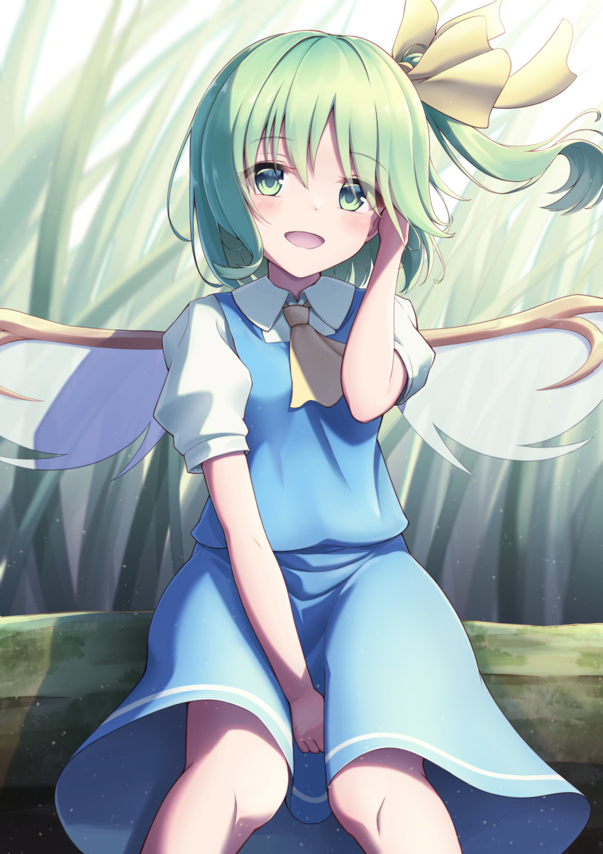 1girl :d absurdres ascot bangs between_legs bloom blue_skirt blue_vest blurry blurry_background blush daiyousei day eyebrows_visible_through_hair eyes_visible_through_hair fairy_wings feet_out_of_frame green_eyes green_hair hair_between_eyes hair_ribbon hand_between_legs hand_in_hair hand_up highres knees_together_feet_apart light_particles looking_at_viewer medium_hair messiah_&amp;_crea one_side_up open_mouth outdoors puffy_short_sleeves puffy_sleeves ribbon short_sleeves sitting skirt smile solo touhou vest wing_collar wings yellow_ascot yellow_ribbon
