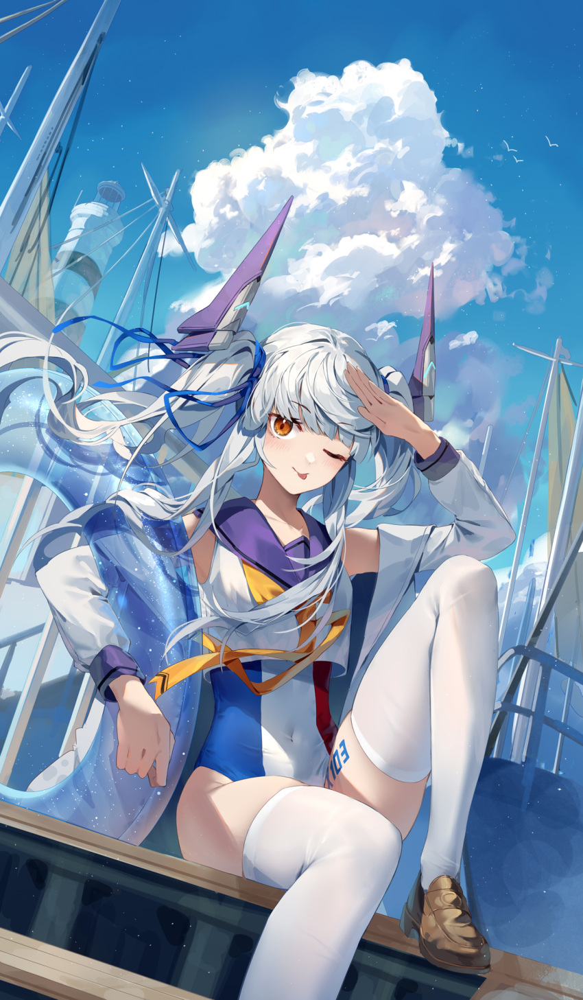 1girl blue_sky boat breasts clouds headgear highres ji_dao_ji le_fantasque_(warship_girls_r) lighthouse long_hair multicolored_clothes multicolored_swimsuit neckerchief one-piece_swimsuit one_eye_closed orange_eyes orange_neckerchief outdoors sailboat salute sitting sky small_breasts smile solo swimsuit swimsuit_under_clothes thigh-highs tongue tongue_out twintails warship_girls_r watercraft white_hair white_legwear