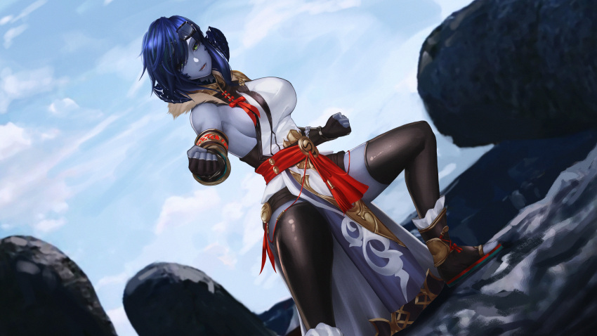 1girl absurdres au_ra avatar_(ff14) black_gloves black_hair black_legwear breasts clenched_hands day dragon_horns dutch_angle fighting_stance final_fantasy final_fantasy_xiv fingerless_gloves gloves goggles goggles_on_head green_eyes hair_over_one_eye highres horns large_breasts medium_hair monk_(final_fantasy) outdoors pelvic_curtain sideboob solo squatting thigh-highs toeless_footwear zeri_(zeristudio)