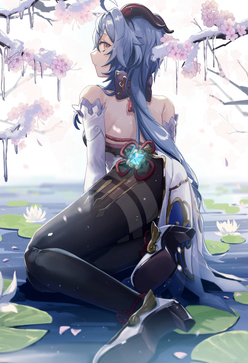 1girl absurdres ahoge arm_rest backless_outfit bare_shoulders black_legwear blue_hair bodysuit cherry_blossoms closed_mouth detached_sleeves flower from_behind ganyu_(genshin_impact) genshin_impact goat_horns hair_between_eyes high_heels highres horns looking_back lotus lying pantyhose pond snow tassel thighband_pantyhose uina violet_eyes vision_(genshin_impact) water white_sleeves