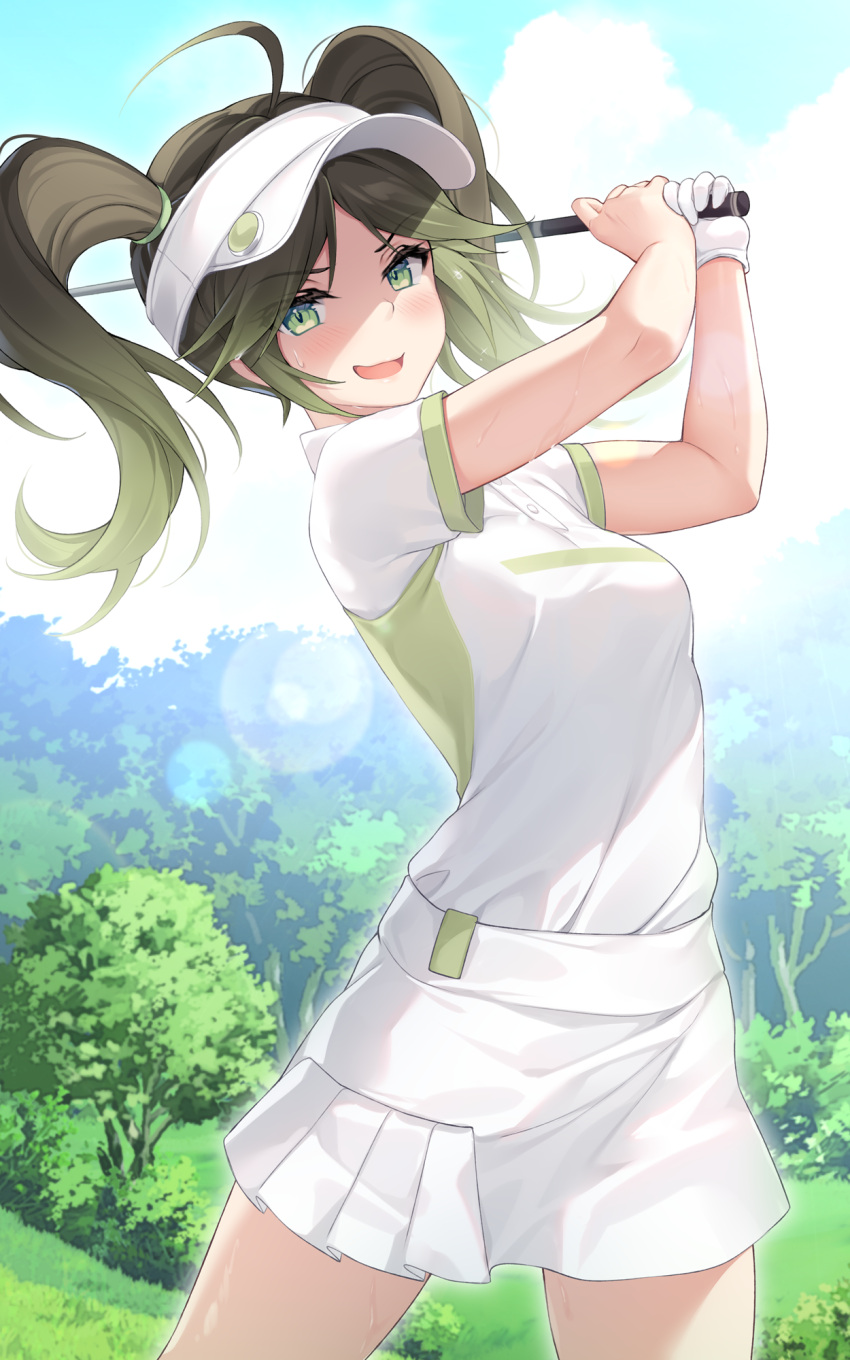 1girl arms_up bangs black_hair blush breasts commentary cowboy_shot day english_commentary eyebrows_visible_through_hair eyes_visible_through_hair gloves golf_club green_eyes green_hair highres holding holding_golf_club long_hair looking_at_viewer medium_breasts miniskirt open_mouth original outdoors parted_bangs shirt short_sleeves single_glove skirt solo standing sweat twintails uosaasou visor_cap white_gloves white_shirt white_skirt