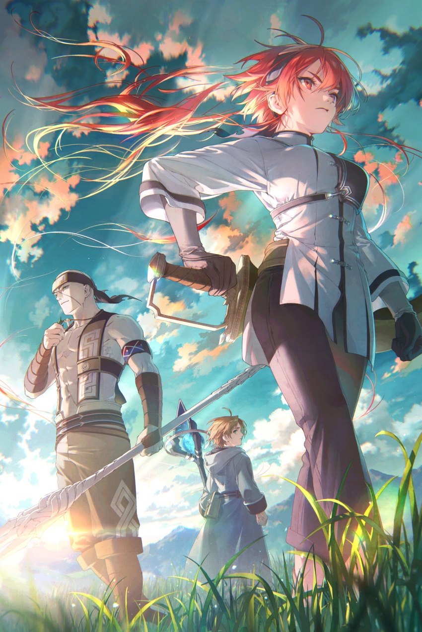 1girl 2boys absurdres ahoge armband bangs brown_hair clouds cloudy_sky eris_greyrat from_below gloves grass hair_between_eyes headband highres holding holding_jewelry holding_necklace holding_polearm holding_staff holding_sword holding_weapon jewelry lance long_sleeves looking_ahead looking_back multiple_boys mushoku_tensei necklace polearm red_eyes redhead rudeus_greyrat ruijerd_superdia shirotaka_(5choume) short_hair sky staff standing sunlight sword walking weapon