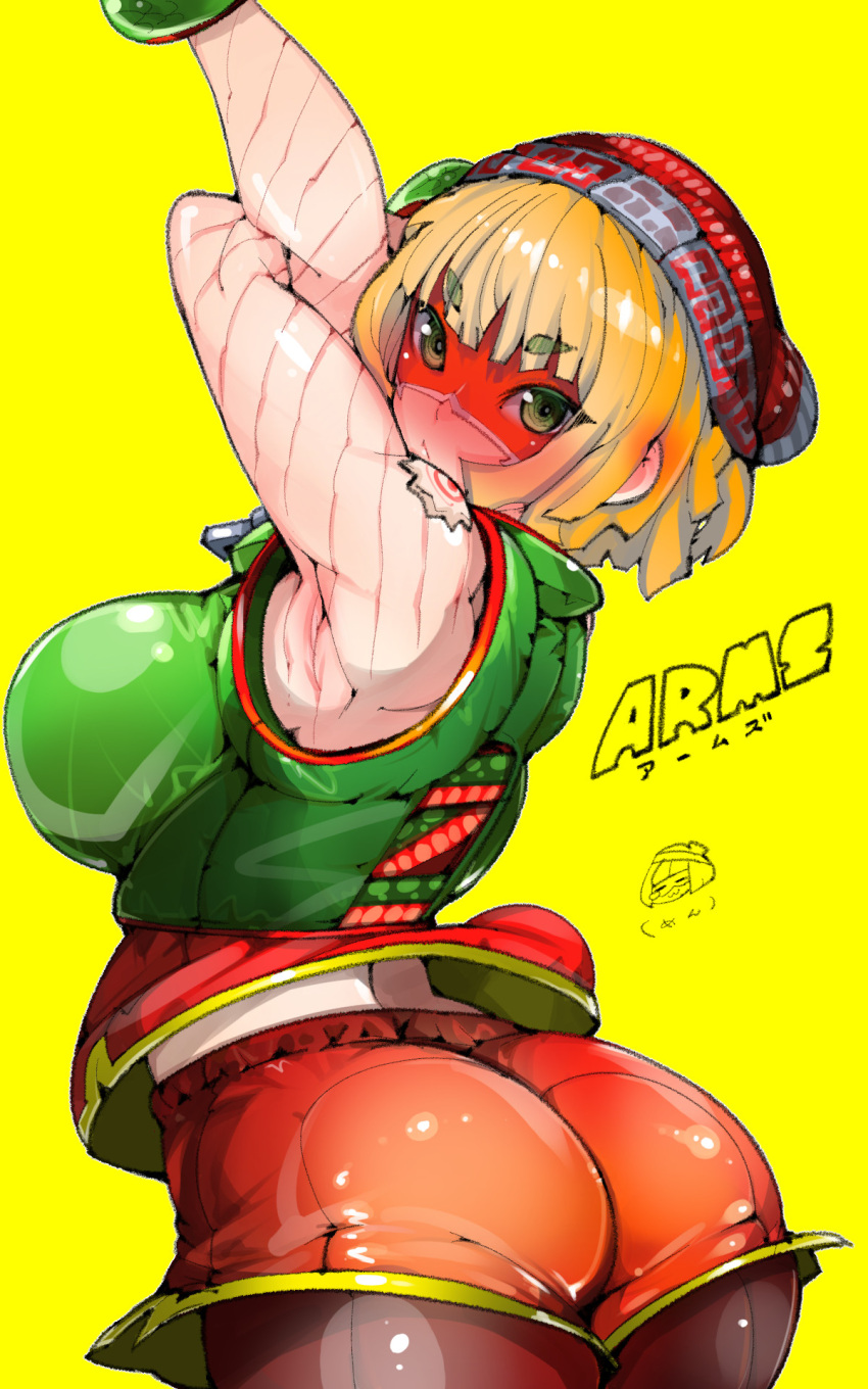 1girl armpits arms_(game) arms_up ass back_peek beanie blonde_hair blush bob_cut breasts domino_mask eyebrows_visible_through_mask from_behind green_eyes hat highres knit_hat large_breasts legwear_under_shorts mask min_min_(arms) orange_shorts short_hair shorts solo stretch takayama_toshinori yellow_background