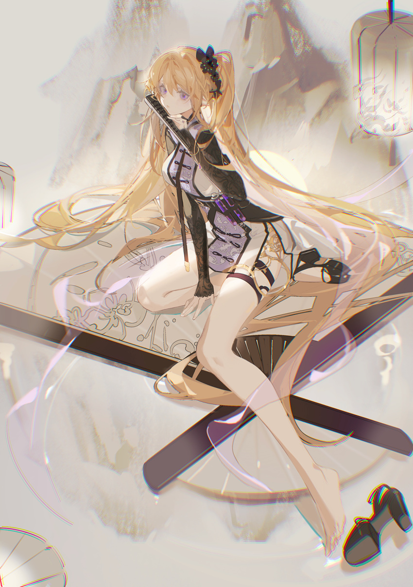 1girl arknights bangs bare_legs barefoot black_bow black_footwear blonde_hair bow breasts closed_fan closed_mouth dress eyebrows_behind_hair folding_fan hair_bow hand_fan high_heels highres holding holding_fan indigo_(arknights) indigo_(serene_day)_(arknights) long_hair long_sleeves medium_breasts mountain official_alternate_costume one_side_up pointy_ears samo_(shichun_samo) shoe_removed shoes single_shoe sitting sleeves_past_wrists solo test_tube thigh_strap very_long_hair violet_eyes