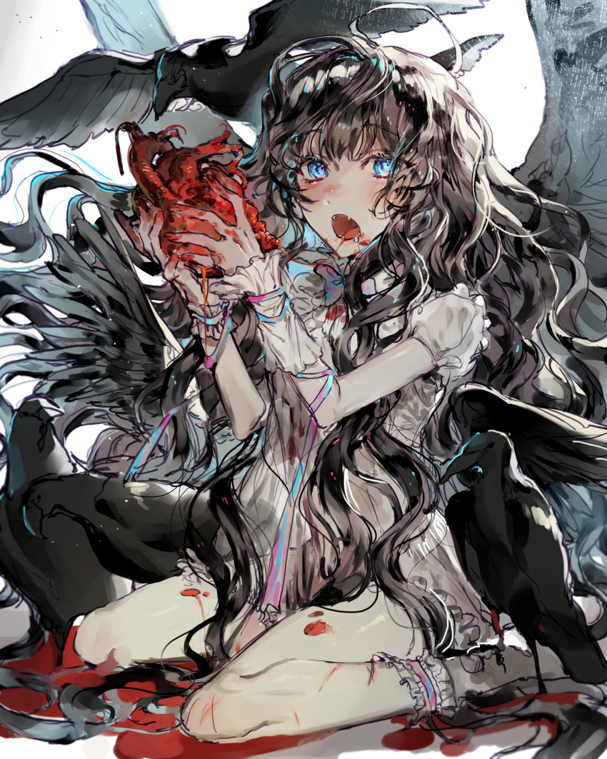 1girl absurdres ahoge animal aqua_bow aqua_ribbon bird bird_wings black_bird black_hair black_wings blood blood_on_leg blood_trail blue_eyes bow character_request commentary_request copyright_request crow dress drooling eyebrows_visible_through_hair eyes_visible_through_hair fang feathered_wings frilled_dress frilled_legwear frills full_body hands_up heart heart_(organ) highres holding holding_heart kkuekkue_(chifer1958) korean_commentary long_hair looking_at_viewer multicolored_bow multicolored_ribbon open_mouth pink_bow pink_ribbon puffy_short_sleeves puffy_sleeves ribbon short_dress short_sleeves sitting sketch socks solo very_long_hair wariza wavy_hair white_bow white_dress white_legwear white_ribbon wings wrist_cuffs