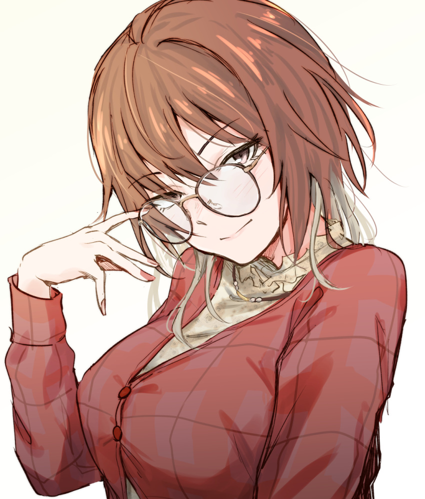 1girl aketa_mikoto bespectacled blonde_hair breasts brown_hair eyebrows_visible_through_hair glasses gradient_hair hand_on_eyewear head_tilt highres idolmaster idolmaster_shiny_colors jacket large_breasts light_smile looking_at_viewer multicolored_hair nail_polish plaid plaid_jacket round_eyewear simple_background solo unu_(unucence) upper_body white_background