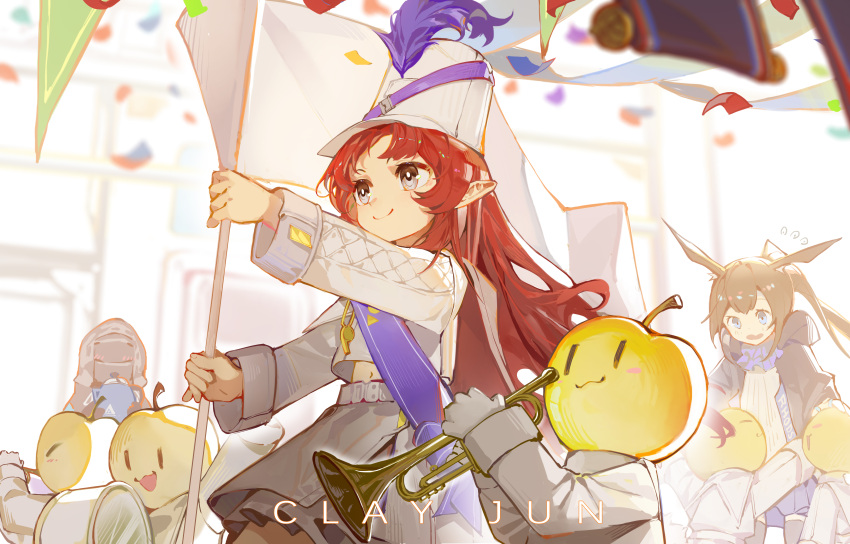 1other 2girls absurdres amiya_(arknights) animal_ears arknights artist_name bangs black_jacket blue_eyes brown_hair chinese_commentary clay_(clayjun) commentary_request confetti doctor_(arknights) flag grey_eyes hat hat_feather highres holding holding_flag holding_instrument instrument jacket long_hair multiple_girls myrtle_(arknights) myrtle_(light_gold_celebration)_(arknights) navel official_alternate_costume pointy_ears rabbit_ears redhead shako_cap skirt smile trumpet white_headwear white_jacket white_skirt