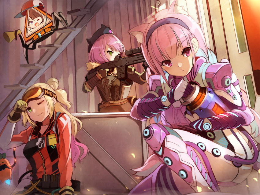 3girls ;) animal_ear_fluff animal_ears apex_legends arm_up bangs baseball_cap beret black_hairband black_headwear blonde_hair bloodhound_(apex_legends) bloodhound_(apex_legends)_(cosplay) blue_hair bodysuit braid breasts brown_gloves brown_jacket cat_ears closed_mouth commentary_request cosplay eyebrows_visible_through_hair fake_horns fang fang_out g7_scout gloves glowing green_eyes gun hair_bun hairband hat highres holding holding_gun holding_weapon hololive horizon_(apex_legends) horizon_(apex_legends)_(cosplay) horned_headwear horns jacket lifeline_(apex_legends) lifeline_(apex_legends)_(cosplay) long_hair loot_tick low_twintails medium_breasts megaphone minato_aqua momosuzu_nene multicolored_hair multiple_girls nekko_(momosuzu_nene) one_eye_closed one_knee one_side_up oozora_subaru overfloater_horizon pink_bodysuit pink_hair red_eyes red_headwear red_jacket robot smile sue_(bg-bros) tokoyami_towa twin_braids twintails two-tone_hair very_long_hair violet_eyes virtual_youtuber vital_signs_lifeline weapon whistle white_bodysuit wise_warrior_bloodhound