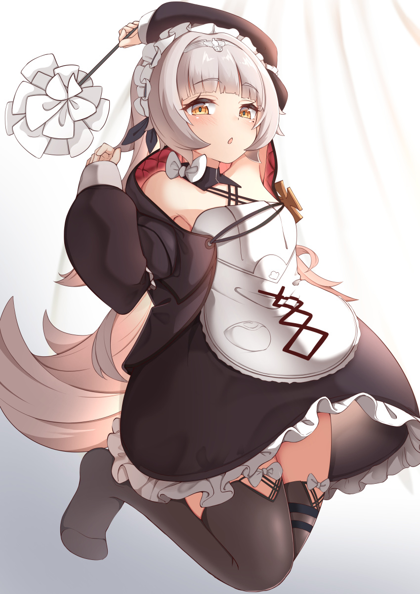 1girl absurdres apron arm_up azur_lane bare_shoulders beret black_headwear black_jacket black_legwear black_skirt blush brown_eyes commentary_request duster frilled_skirt frills grey_hair hand_up hat headpiece highres holding jacket long_hair long_sleeves looking_at_viewer moyoron official_alternate_costume parted_lips puffy_long_sleeves puffy_sleeves skirt solo standing standing_on_one_leg thigh-highs tilted_headwear very_long_hair waist_apron white_apron z46_(azur_lane) z46_(chronicles_of_the_dust_war)_(azur_lane)