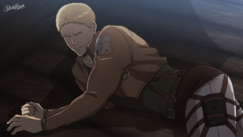 1boy bun_(bbb81bun) cropped_jacket feet_out_of_frame green_shirt lying male_focus on_side pants paradis_military_uniform reiner_braun rope shingeki_no_kyojin shirt short_hair solo sweatdrop tight tight_pants toned toned_male white_pants wooden_floor