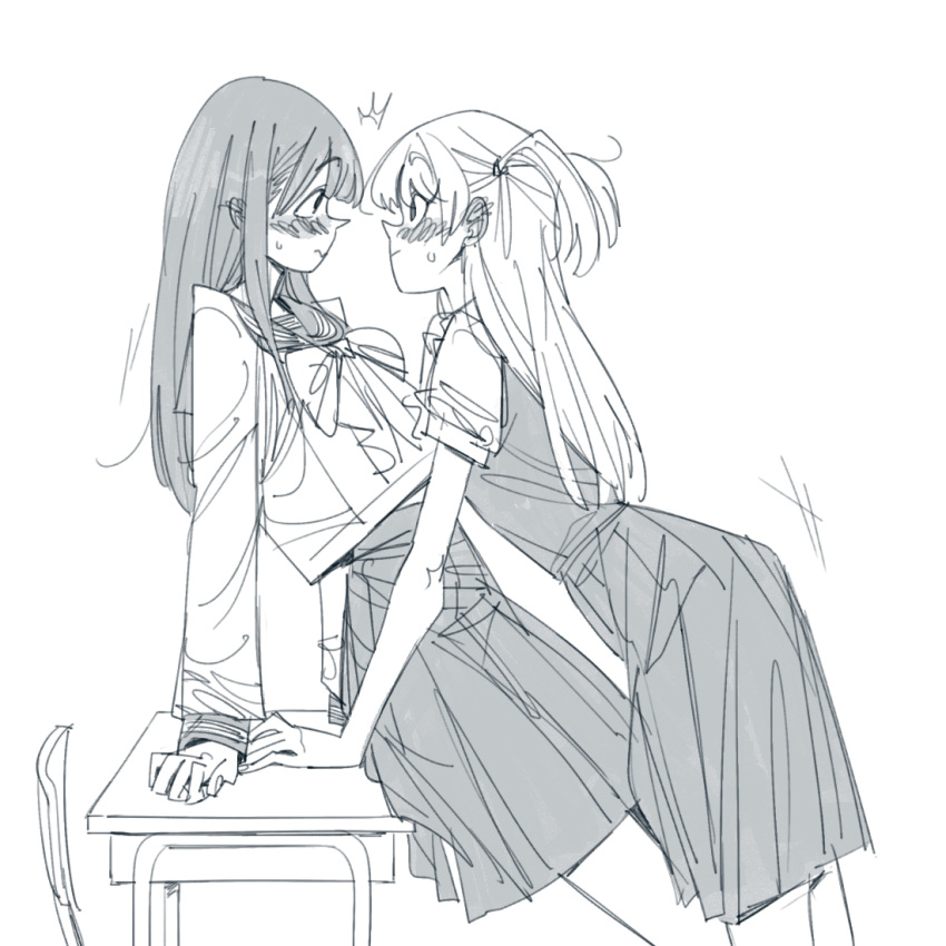 2girls 3: :| ^^^ akebi-chan_no_serafuku akebi_komichi arm_support bangs blouse blunt_bangs blush bow chair closed_mouth couple cowboy_shot curled_fingers desk dress ear_blush eye_contact eyebrows_visible_through_hair face-to-face from_side full-face_blush greyscale gutalalaman hand_on_table imminent_kiss kizaki_erika leaning_back leaning_forward leaning_on_object long_hair long_sleeves looking_at_another midriff_peek monochrome motion_lines multiple_girls neckerchief nose pinafore_dress pleated_dress pleated_skirt profile puffy_short_sleeves puffy_sleeves roubai_academy_school_uniform_(new) roubai_academy_school_uniform_(old) sailor_collar school_chair school_desk school_uniform serafuku short_sleeves simple_background sketch skirt sleeve_cuffs straight_hair sweat tareme two_side_up wavy_mouth white_background yuri