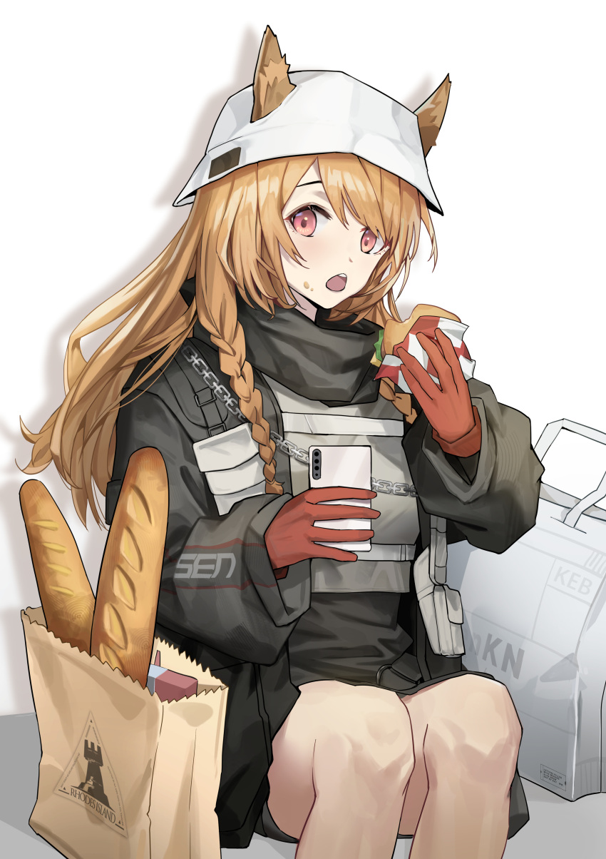 1girl absurdres animal_ears arknights bag baguette bangs black_jacket blush braid bread brown_hair burger ceobe_(arknights) ceobe_(unfettered)_(arknights) commentary_request dog_ears dog_girl dog_tail dress ears_through_headwear eating fang feet_out_of_frame food food_on_face gloves highres holding holding_food jacket long_hair looking_at_viewer official_alternate_costume open_clothes open_jacket open_mouth oripathy_lesion_(arknights) paper_bag red_eyes red_gloves rhodes_island_logo senkane shopping_bag short_dress sitting solo tail teeth twin_braids upper_teeth white_background white_headwear