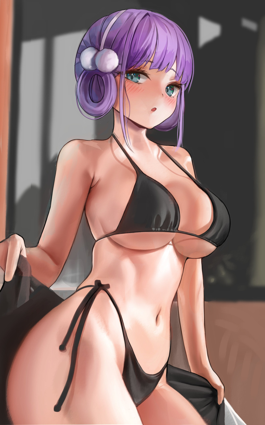 1girl absurdres bangs bare_arms bikini black_bikini blue_eyes blush breasts cowboy_shot eyebrows_visible_through_hair hair_ornament hair_rings highres holding large_breasts looking_at_viewer navel original parted_lips pom_pom_(clothes) pom_pom_hair_ornament purple_hair short_hair side-tie_bikini solo standing stomach strap_gap string_bikini swimsuit yearu_(weid)