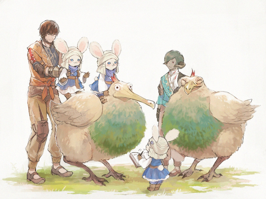 2boys 3others adventurer_(ff14) ambiguous_gender animal_ears au_ra bangs belt bird blue_eyes book boots brown_footwear brown_gloves brown_hair brown_pants commentary dragon_horns dress facial_hair final_fantasy final_fantasy_xiv full_body furry gloves green_hair holding holding_book horns hyur lifting_person looking_at_another loporrit multiple_boys multiple_others omori_hakumai pants pouch rabbit_ears rabbit_tail red_eyes riding shoes short_hair simple_background smile standing stubble swept_bangs tail turban varshahn whiskers white_background white_headwear writing
