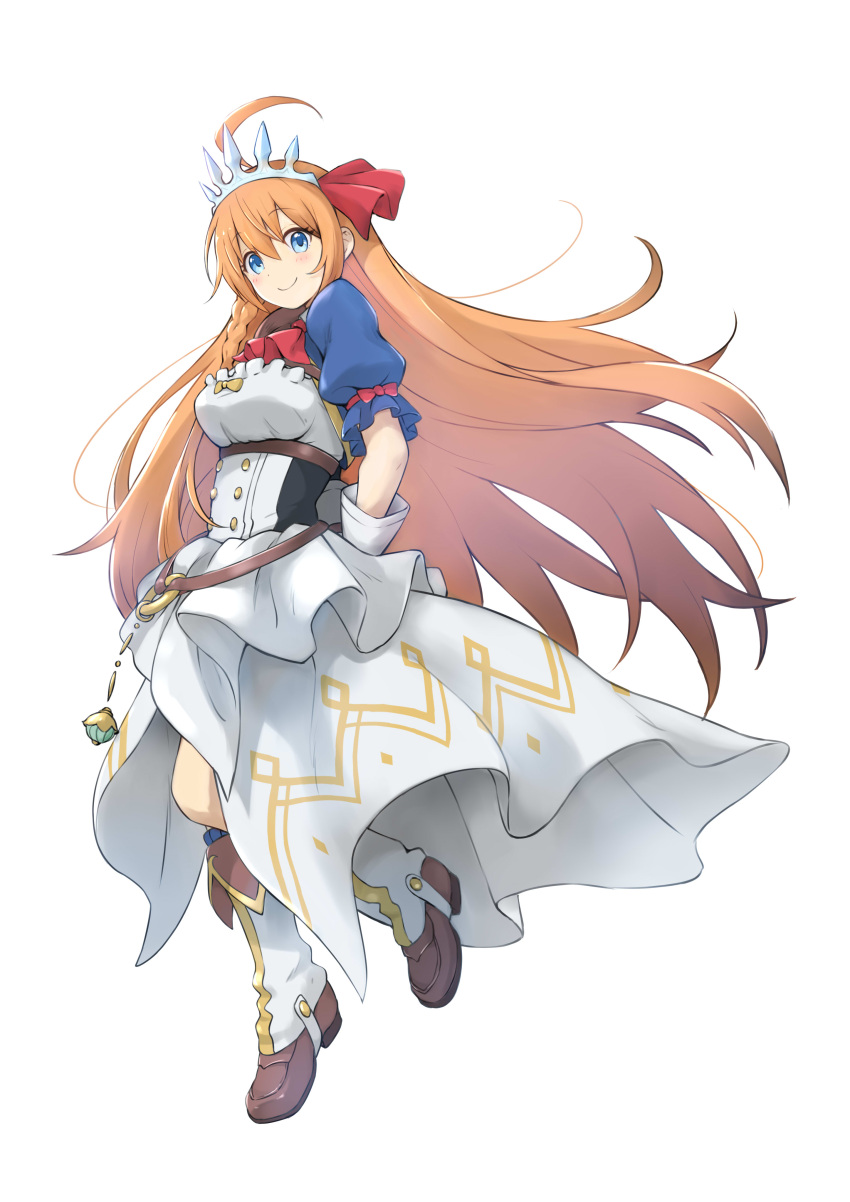 1girl absurdres ahoge blue_eyes blush boots breasts closed_mouth eyebrows_visible_through_hair full_body gloves high_heel_boots high_heels highres knee_boots laika_(sputnik2nd) large_breasts long_hair looking_at_viewer orange_hair pecorine_(princess_connect!) princess_connect! short_sleeves simple_background smile solo very_long_hair white_background white_gloves