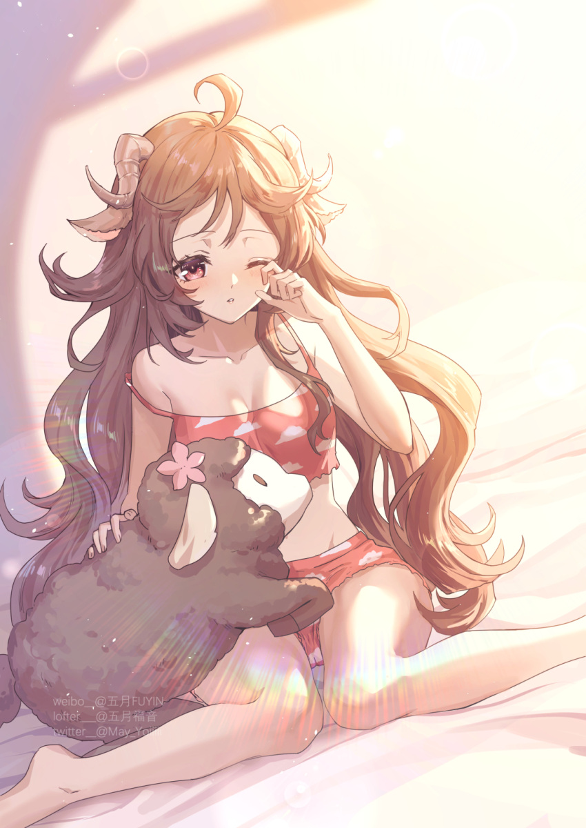 1girl ;o ahoge animal_ears arknights bare_arms bare_shoulders barefoot bed_sheet brown_hair camisole collarbone commentary_request eyjafjalla_(arknights) feet_out_of_frame gogatsu_fukuin highres horns long_hair looking_at_viewer one_eye_closed parted_lips red_camisole red_eyes red_shorts sheep_ears sheep_horns short_shorts shorts sitting sleepy solo strap_slip stuffed_animal stuffed_sheep stuffed_toy very_long_hair waking_up wariza