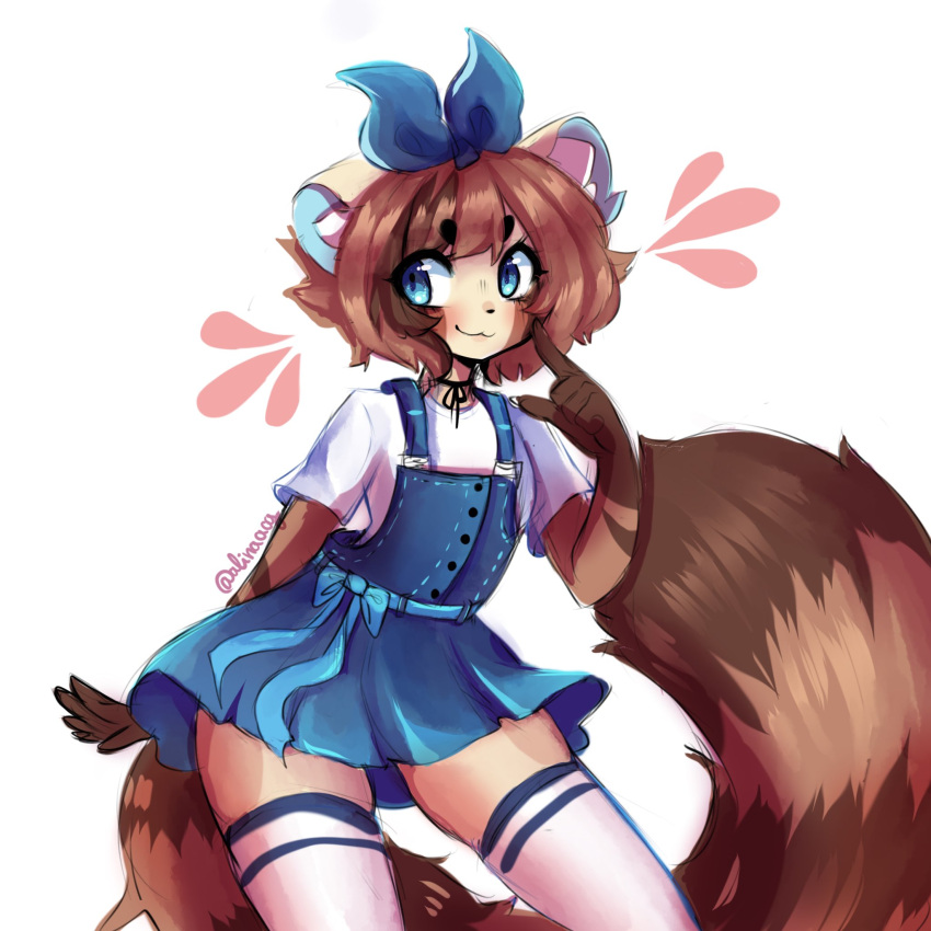1girl :3 anakoluth blue_eyes blush brown_hair closed_mouth eyebrows_visible_through_hair furry furry_female highres looking_at_viewer original overall_skirt red_panda_ears red_panda_girl red_panda_tail short_hair smile solo thigh-highs white_legwear