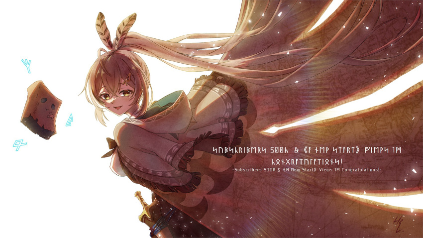 1girl ahoge backlighting bangs blush brown_cape brown_capelet brown_cloak brown_eyes brown_hair cape capelet cloak dagger feather_hair_ornament feathers friend_(nanashi_mumei) hair_ornament hieroglyphics highres hololive hololive_english knife lens_flare long_hair looking_at_viewer multicolored_hair nanashi_mumei ponytail ribbon runes shirt smile streaked_hair taka_t virtual_youtuber weapon white_shirt