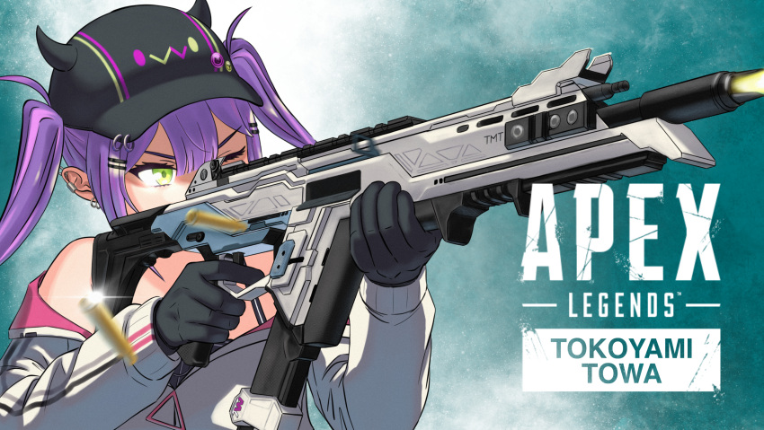 1girl absurdres apex_legends assault_rifle baseball_cap black_camisole black_gloves black_headwear camisole character_name copyright_name firing gloves green_eyes gun hat highres holding holding_gun holding_weapon hololive jacket one_eye_closed purple_hair r-301_carbine rifle shell_casing sogogidonburi solo tokoyami_towa twintails v-shaped_eyebrows virtual_youtuber weapon white_jacket