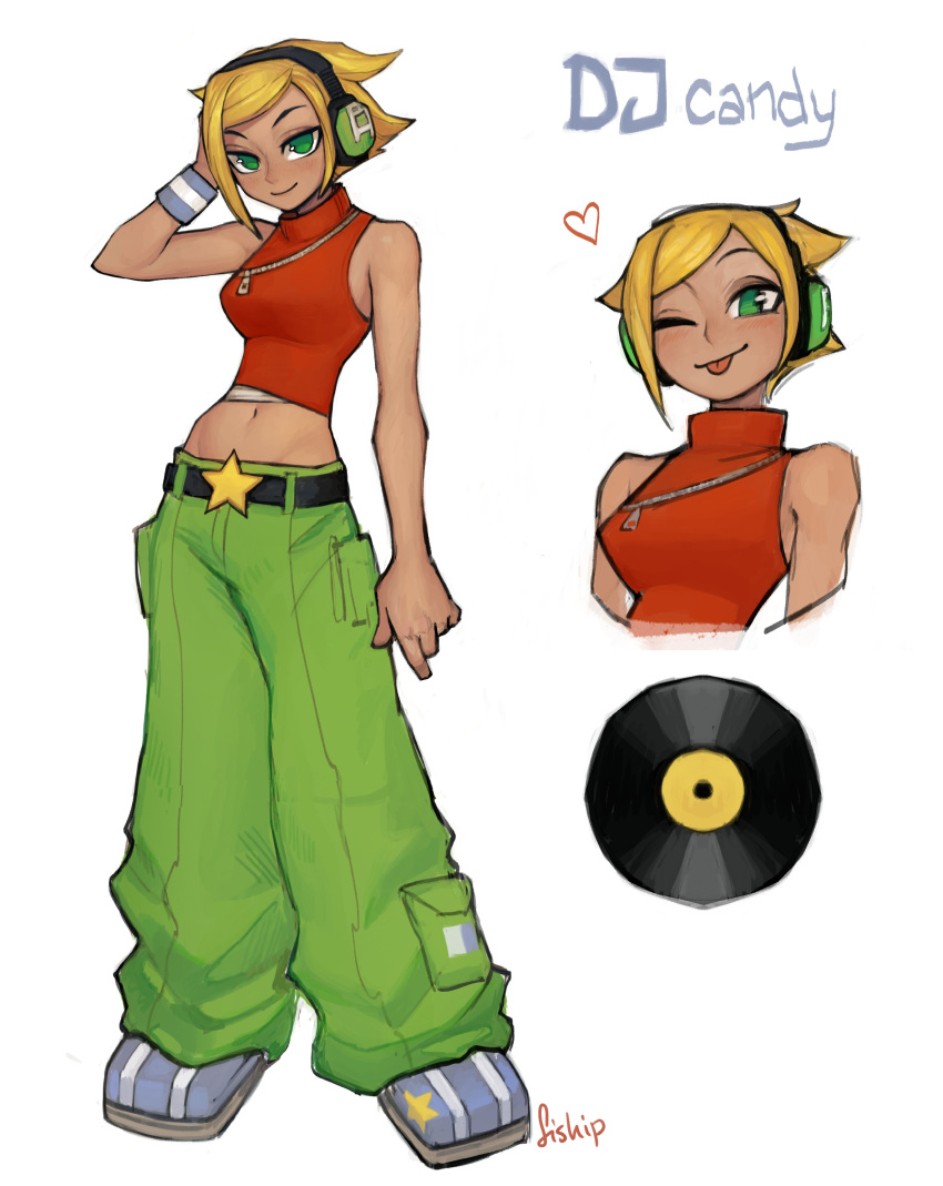 1girl :p absurdres blonde_hair blue_footwear blush closed_mouth green_eyes green_pants hand_up headphones heart highres looking_at_viewer matilda_fiship midriff multiple_views mysims navel one_eye_closed pants puffy_pants record red_shirt shirt shoes short_hair signature simple_background smile tongue tongue_out white_background wristband