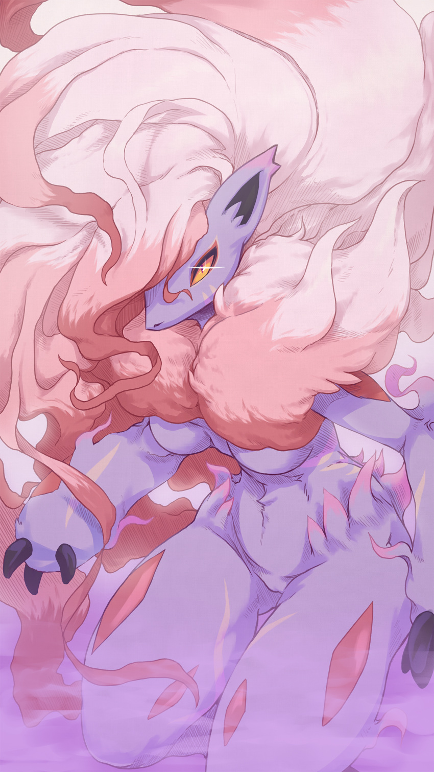 1girl absurdres claws facial_mark fur furry furry_female highres hisuian_zoroark long_hair looking_at_viewer multicolored_hair plague_of_gripes pointy_ears pokemon pokemon_(creature) solo two-tone_hair very_long_hair whisker_markings yellow_eyes