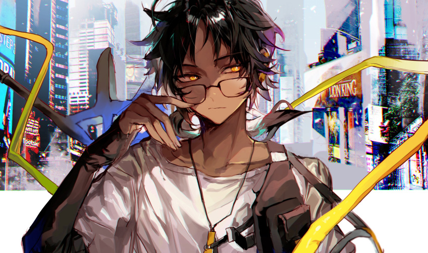 1boy arknights arm_warmers belt_pouch black_hair bright_pupils city closed_mouth collarbone commentary_request dark-skinned_male dark_skin earclip eyebrows_visible_through_hair glasses highres jewelry kkuekkue_(chifer1958) korean_commentary long_hair looking_away looking_to_the_side male_focus pendant photo_background ponytail pouch ribbon shirt sideways_glance solo thorns_(arknights) tsurime upper_body white_pupils white_shirt yellow_eyes yellow_ribbon