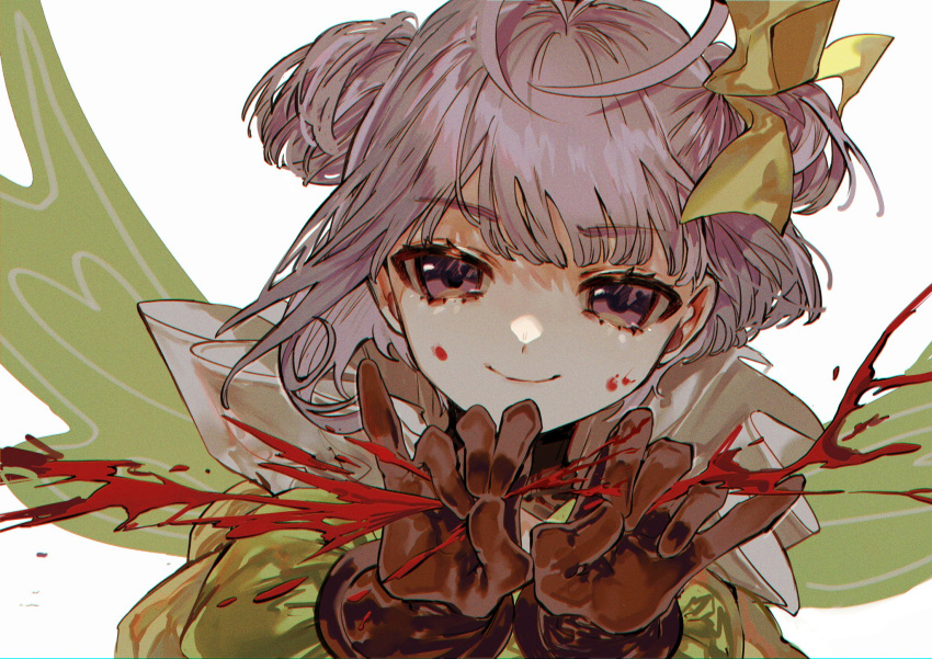 1girl albino_(a1b1n0623) antenna_hair black_collar blood blood_on_face brown_gloves closed_mouth collar commentary dress eyebrows_visible_through_hair fairy fairy_wings fate/grand_order fate_(series) gloves green_dress green_wings hair_ribbon highres looking_at_viewer muryan_(fate) purple_hair ribbon short_hair simple_background smile solo upper_body violet_eyes white_background wings yellow_ribbon