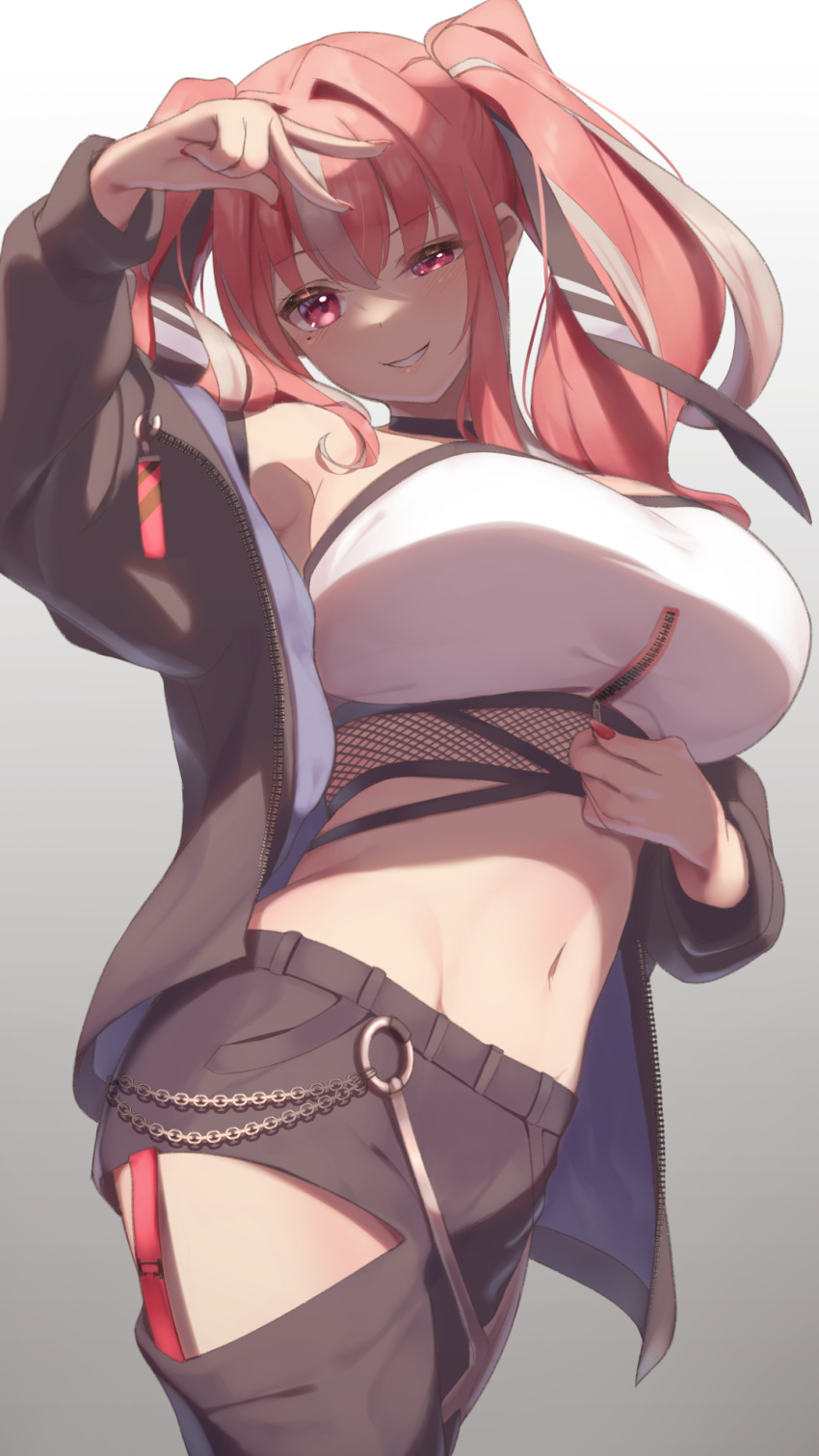 1girl azur_lane black_choker black_clothes black_jacket black_pants breasts bremerton_(azur_lane) choker commentary_request contemporary cowboy_shot crop_top gradient gradient_background grey_background grey_hair hayato_rikin highres jacket large_breasts long_hair looking_at_viewer midriff mole mole_under_eye multicolored_hair navel official_alternate_costume pants pink_eyes pink_hair pink_lips pink_nails smirk solo standing stomach streaked_hair twintails unzipped white_background zozotown