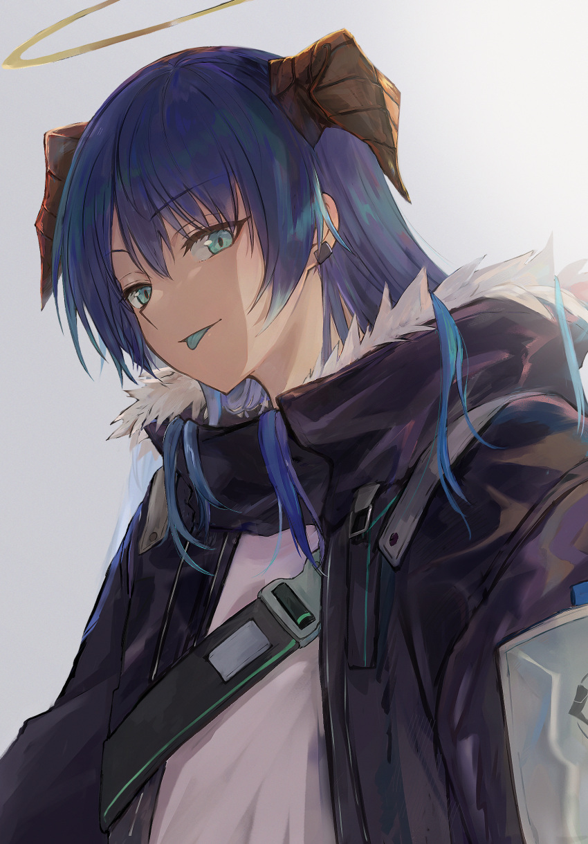 1girl absurdres arknights black_jacket blue_eyes blue_hair blue_tongue colored_tongue commentary demon_horns expressionless fallen_angel fur-trimmed_hood fur-trimmed_jacket fur_trim gloves halo highres hood horns jacket konota_ko long_hair long_sleeves looking_at_viewer looking_to_the_side mostima_(arknights) open_clothes open_jacket revision shirt sideways_glance simple_background smile snap-fit_buckle solo tongue tongue_out upper_body white_background white_shirt