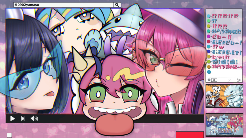 !? 4girls absurdres bangs blonde_hair blue-eyes_white_dragon blue-tinted_eyewear blue_eyes blue_hair blunt_bangs bright_pupils bunny_ears_prank chat_log check_commentary commentary_request dual_persona duel_monster eyebrows_visible_through_hair glasses gloves green_eyes grey_eyes hair_between_eyes hat highres kaibaman ki-sikil_(yu-gi-oh!) large_hat lil-la_(yu-gi-oh!) live_twin livestream long_hair looking_at_viewer multicolored_hair multiple_girls obelisk_the_tormentor one_eye_closed open_mouth outside_border parody pink-tinted_eyewear pink_hair puckered_lips purple_vest sailor_hat search_bar short_hair sidelocks smile stuffed_animal stuffed_shark stuffed_toy teeth tinted_eyewear tongue tongue_out twintails twitter_username upper_body upper_teeth v vest white_headwear white_pupils yamasu_(tmy-0902) youtube yu-gi-oh! yuu-gi-ou