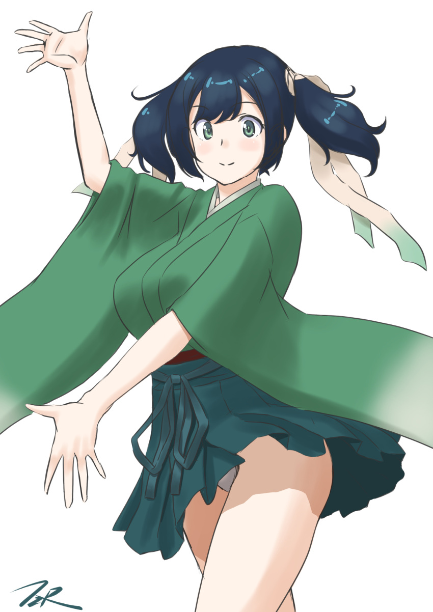 1girl artist_logo artist_name blue_hair breasts commentary_request cowboy_shot green_eyes green_hakama green_kimono hakama highres japanese_clothes kantai_collection kimono large_breasts looking_at_viewer panties pleated_skirt pose simple_background skirt solo souryuu_(kancolle) standing t2r twintails underwear white_background white_panties